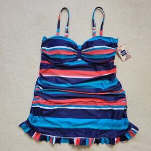 NWT Noon Swim 18 Swimsuit Adjustable Ruffle Hem Ruched Sides Padded Cups Stripe